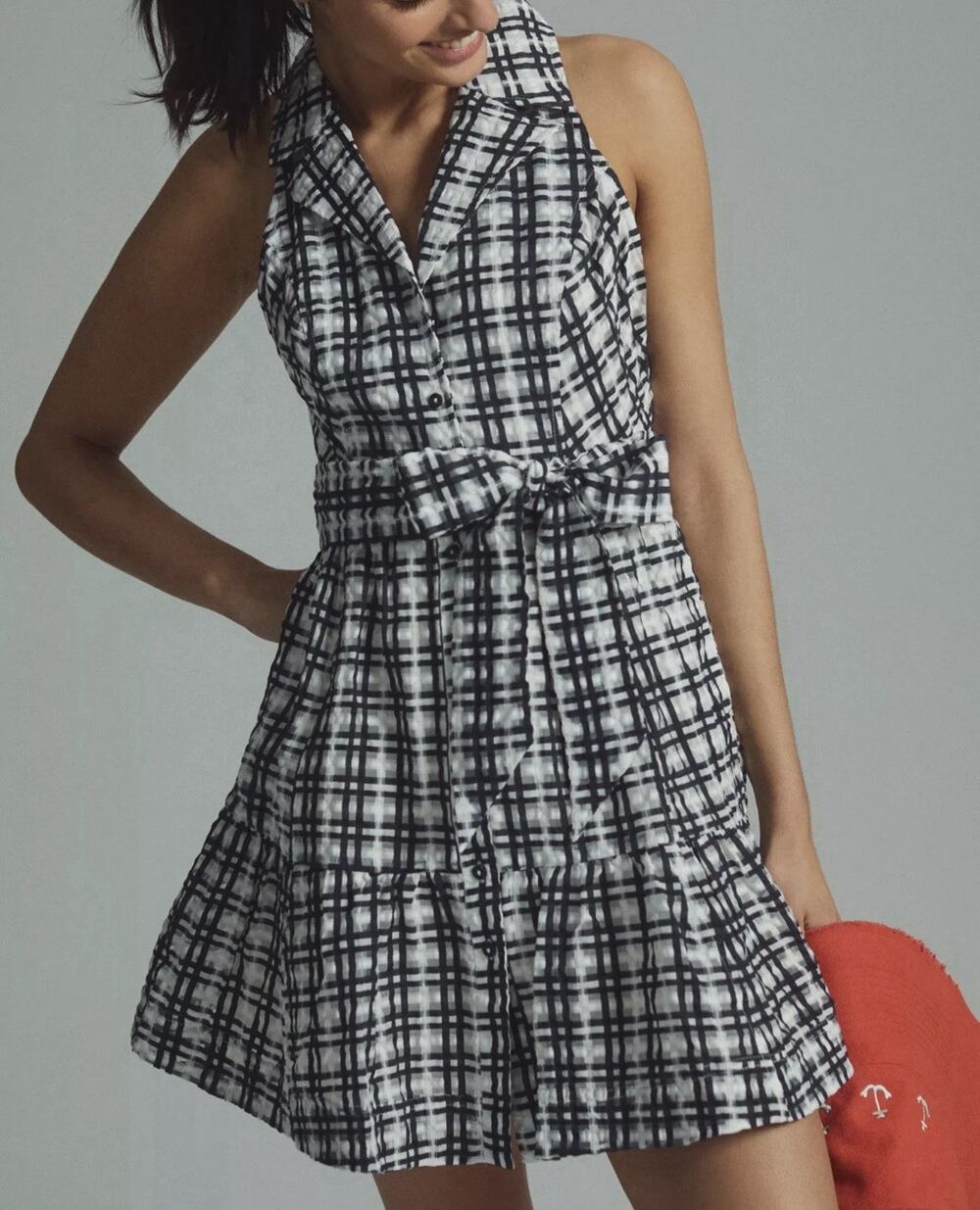 Maeve Anthropologie Plaid Mini Flounce Dress Sz 0 Black White Cotton Boho NEW